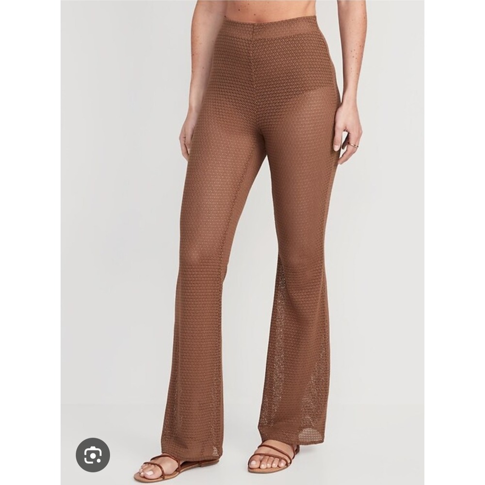 Old Navy Brown Crochet‎ Knit Flare Pants High Waisted Beach Cover Up Size M NEW